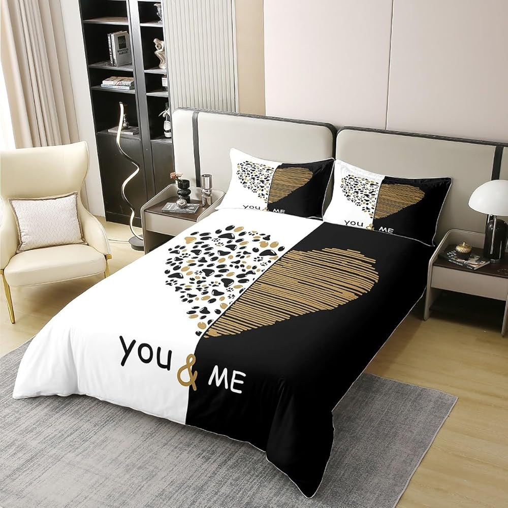 Homemissing Toi et Moi Parure de lit doré Noir Coeur Housse de Couette pour Amoureux Couple Hommes Femmes Romance Housse de Couette 220x240cm 100% Coton Saint Valentin Maison Literie Noir Blanc : Cuisine et Maison