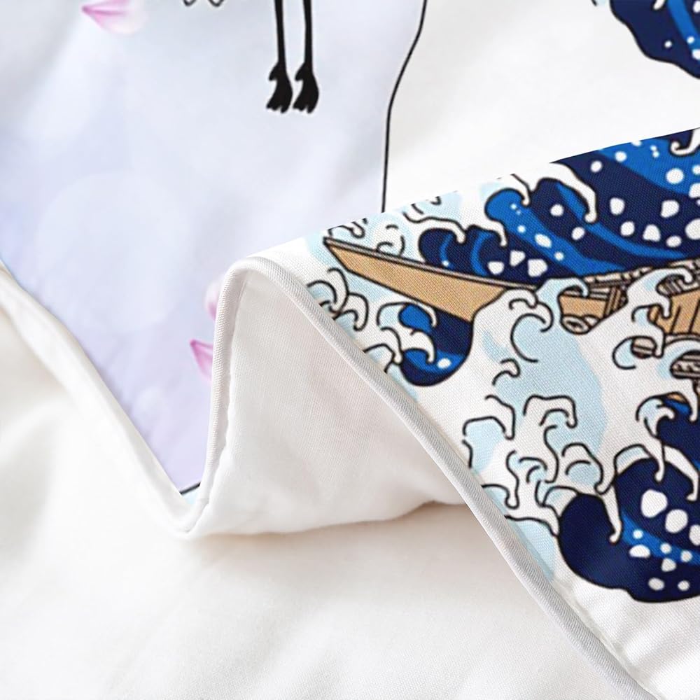 Homemissing Fleur de Cerisier Parure de lit 140x200cm 100% Coton Chic Crane Housse de Couette 100% Coton Enfants Vagues décoration Rose Ukiyo - e Japonais thème Ensemble avec 1 taie d'oreiller, : Cuisine et Maison