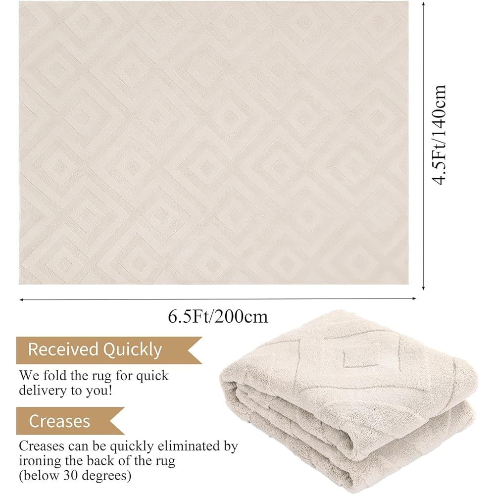 Enyhom Grand tapis géométrique doux lavable en machine pour chambre à coucher - Design moderne - Antidérapant et résistant aux taches - Pour cuisine, salle à manger, salon (crème, 140 x 200 cm) : Cuisine et Maison