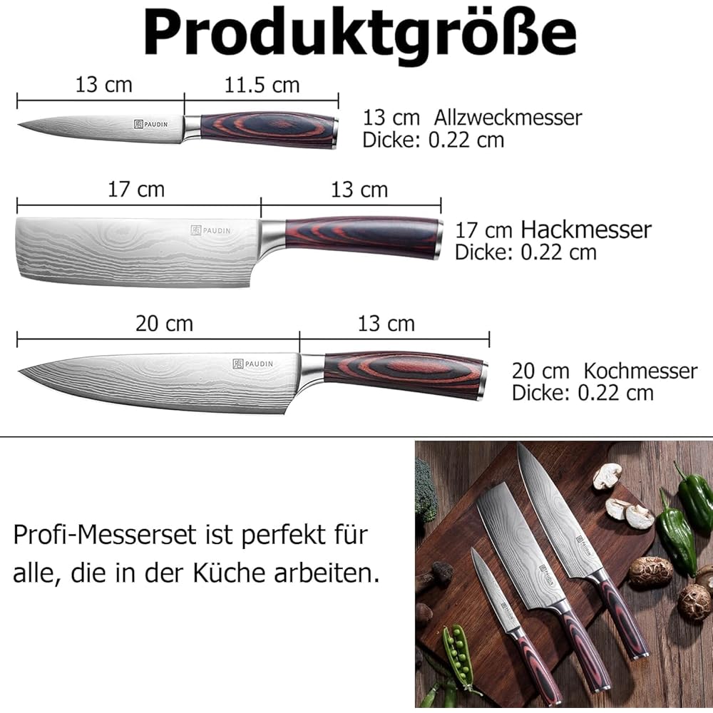 PAUDIN Couteau Cuisine Professionnel, Ensembles de Couteaux de Chef 20cm, Couteau de Cuisine 17cm, Couteau Japonais 13cm, Acier Inoxydable Allemand, Manche en Bois, pour Cuisine, Restaurant : Cuisine et Maison