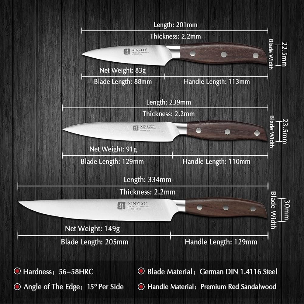 XINZUO 5 Pièces Set Couteaux de Cuisine en Acier Inoxydable 1.4116 Allemand,Professionnel Acier à Haute Teneur en Carbone Couteau de Chef Santoku Trancher Universel Fruits, Red Sandalwood Poignée : Cuisine et Maison