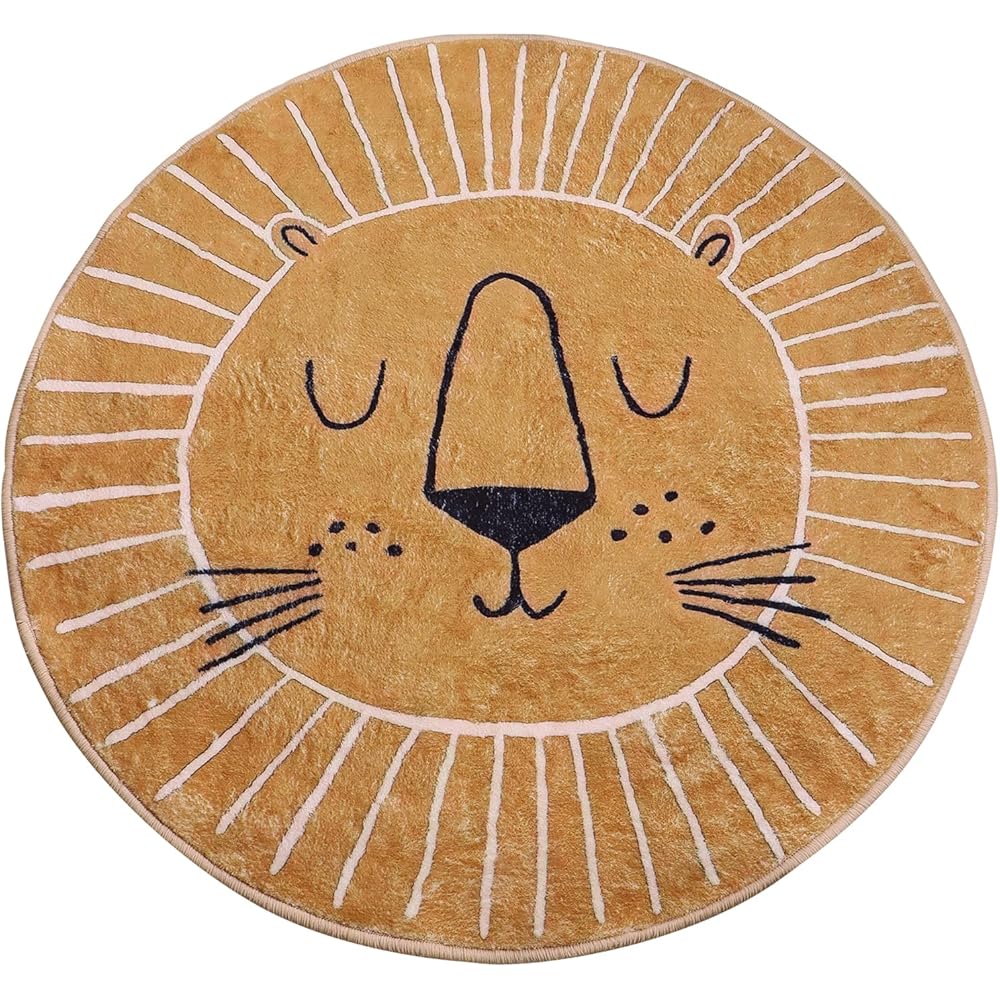 Rururug Tapis rond, diamètre 160 cm, marron, jaune, motif tête de lion, doux, en imitation cachemire, antidérapant, lavable, facile d'entretien : Cuisine et Maison