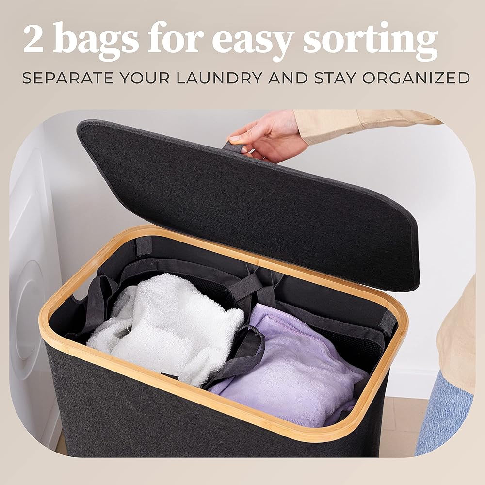 HENNEZ Panier à Linge Sale 140L - Panier a Linge 2 Compartiment - Bac a Linge Sale Pliable avec Couvercle, Poignée en Bambou - Corbeille a Linge pour Buanderie, Gris Fonce : Cuisine et Maison