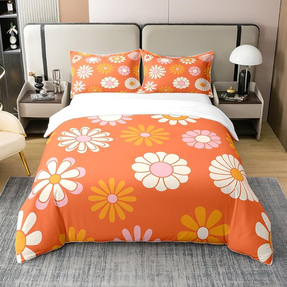 Homemissing 60s 70s Groovy 100% Coton Housse de Couette 220x240cm Vintage Hippie Fleurs Literie Vintage bohème Plantes Fleurs Parure de lit Coton Housse de Couette Blossom Orange Literie Ensemble : Cuisine et Maison