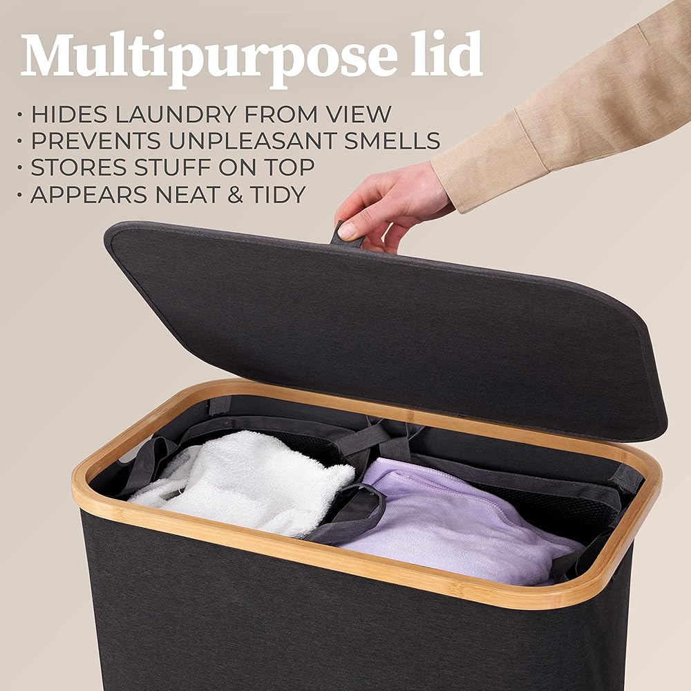 HENNEZ Panier à Linge Sale 140L - Panier a Linge 2 Compartiment - Bac a Linge Sale Pliable avec Couvercle, Poignée en Bambou - Corbeille a Linge pour Buanderie, Gris Fonce : Cuisine et Maison