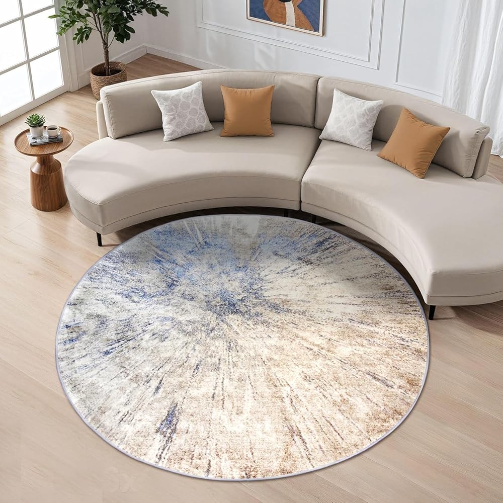 Jiyuhang Tapis rond abstrait - Diamètre : 200 cm - Moderne - Antidérapant - Lavable en machine - Tapis rond doux et minimaliste pour salon, chambre à coucher, chambre d'enfant - Gris et bleu : Cuisine et Maison