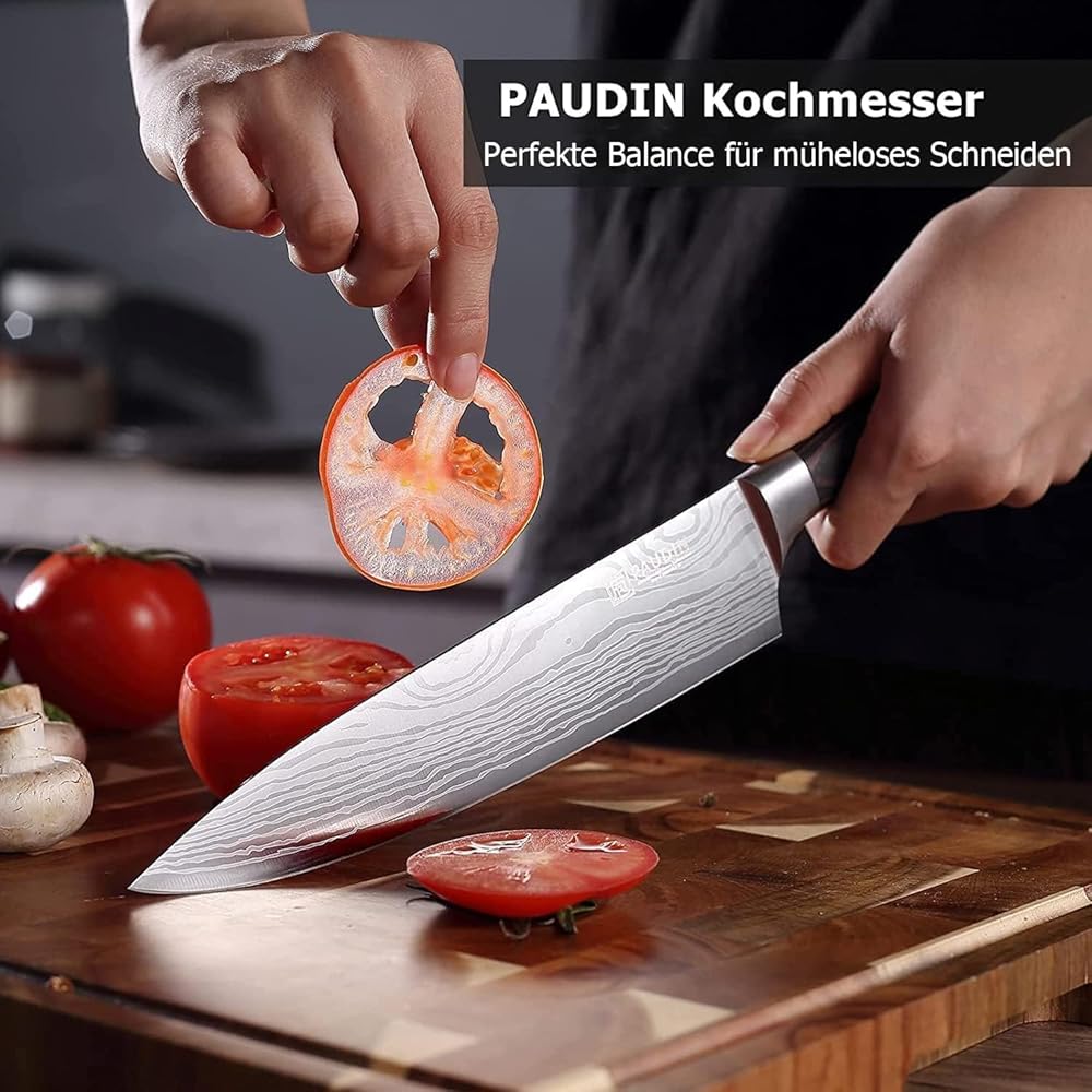 PAUDIN Couteau Cuisine Professionnel, Ensembles de Couteaux de Chef 20cm, Couteau de Cuisine 17cm, Couteau Japonais 13cm, Acier Inoxydable Allemand, Manche en Bois, pour Cuisine, Restaurant : Cuisine et Maison