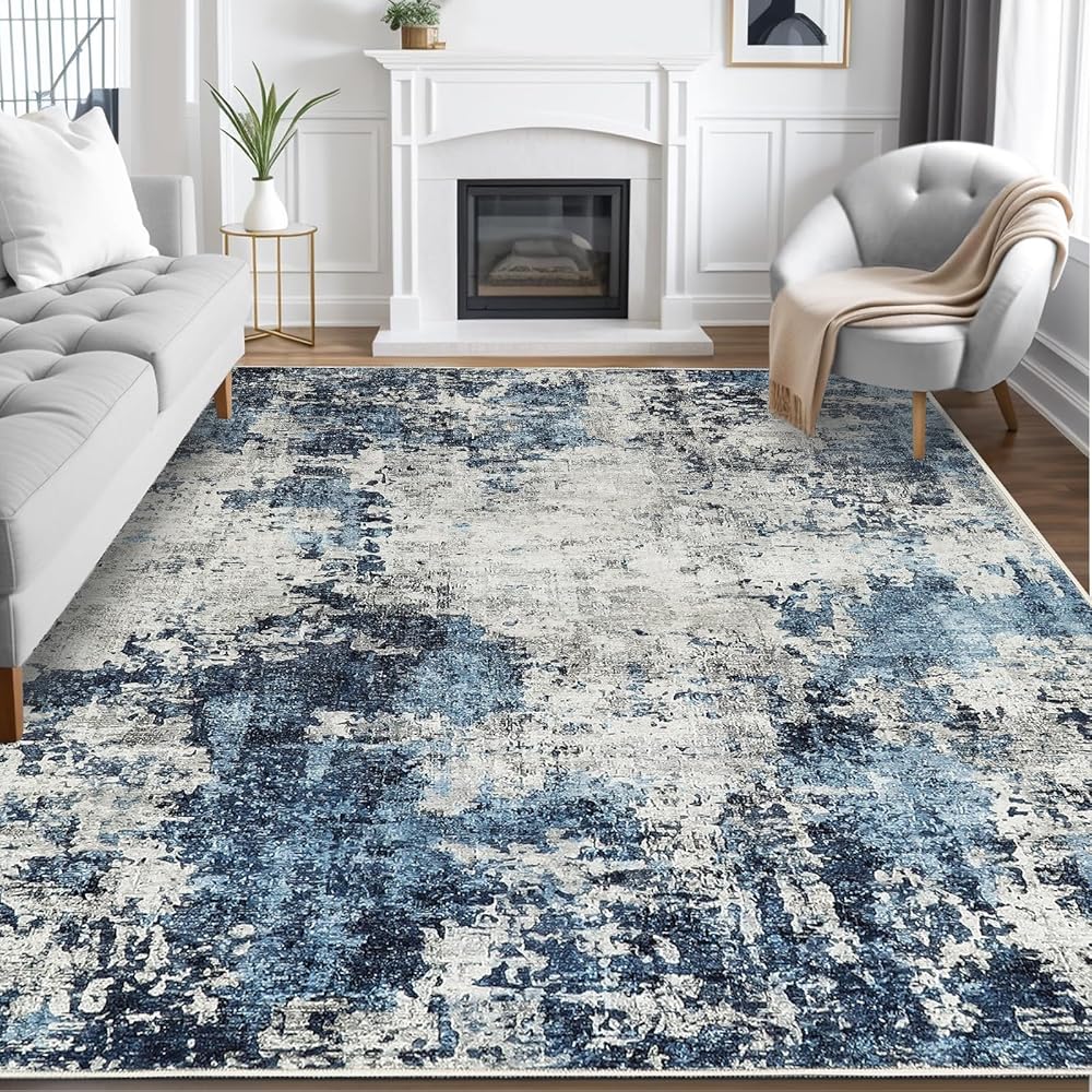 Guchuang Bedding Tapis de salon, 160 x 230 cm, bleu, antidérapant et lavable, design vintage chiné, estompé, à poils courts pour chambre à coucher : Cuisine et Maison
