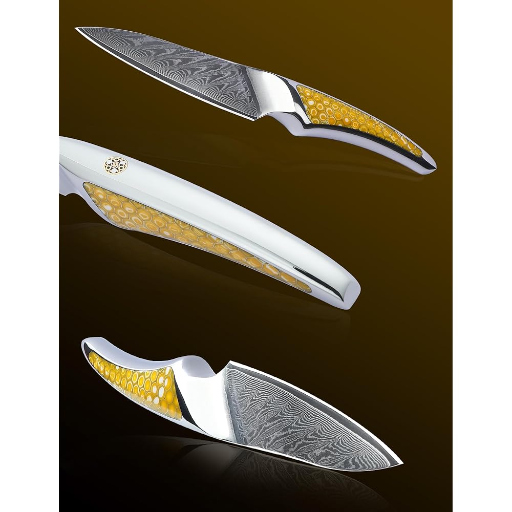 SANMUZUO Couteau d'office 9 CM, couteau de cuisine japonais en acier Damas VG-10, couteau à fruits ultra tranchant avec manche pleine soie en résine Jaune, série LA-S9 : Cuisine et Maison