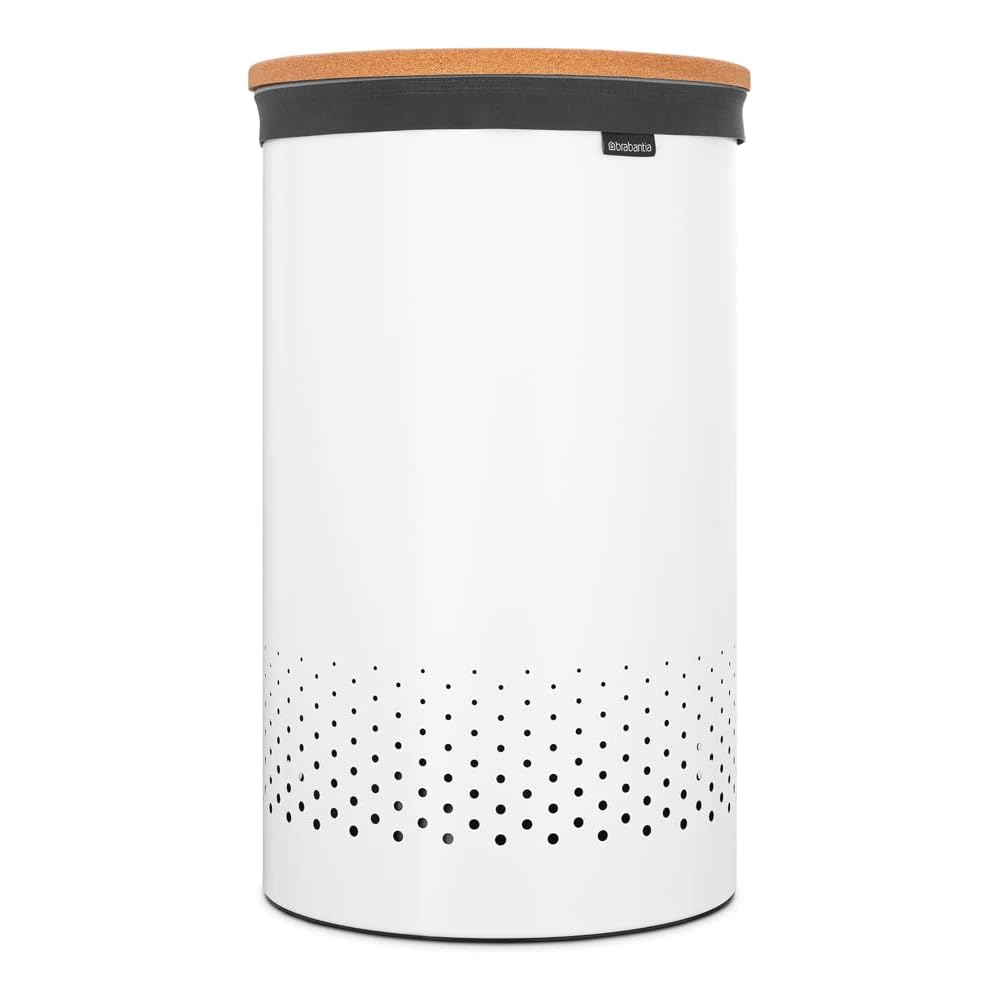 Brabantia - Corbeille à Linge - Couvercle en Liège - Portable Sac à Linge - Corbeille avec des Orifices de Ventilation - Pas de Rayures - Matériaux Durables Résistants à la Corrosion - Blanc - 60 L : Cuisine et Maison