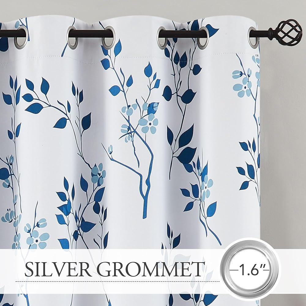 Beauoop Lot de 2 rideaux occultants à œillets avec motif floral bleu marine pour salon, chambre à coucher, 228,6 cm, isolation thermique et réduction du bruit : Cuisine et Maison