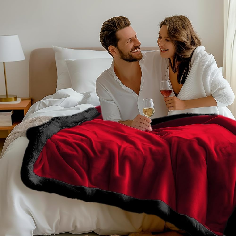 Bedding Aid Couverture imperméable avec polaire Sherpa – Double face, anti-taches et protection humide, parfaite pour l'intimité et les nuits d'amour (velours rouge/noir obsidienne, très grand lit, : Animalerie