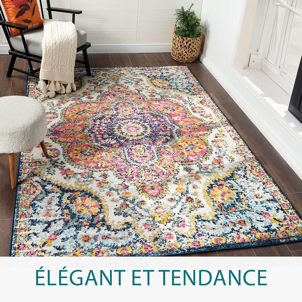 Livabliss Rabat Tapis Vintage - Tapis de Salon, Salle à Manger, Chambre, Cuisine - Boheme Chic, Design Traditionnel Oriental Multicolore, Coloré Poil Court 120x170 cm - Rose, Orange : Cuisine et Maison