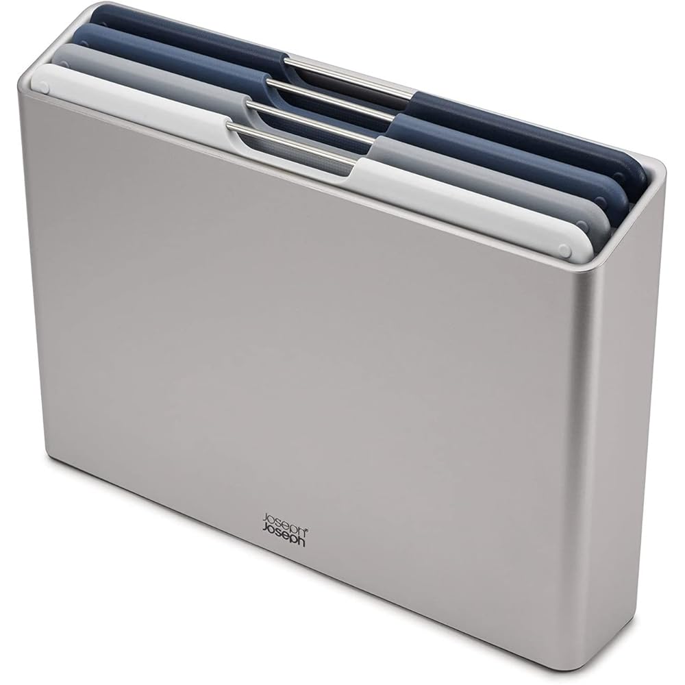 Joseph Joseph Folio - Ensemble de 4 Planches à découper de cuisine en plastique ,avec support de rangement organisé - Grand, Argent/Bleu : Cuisine et Maison