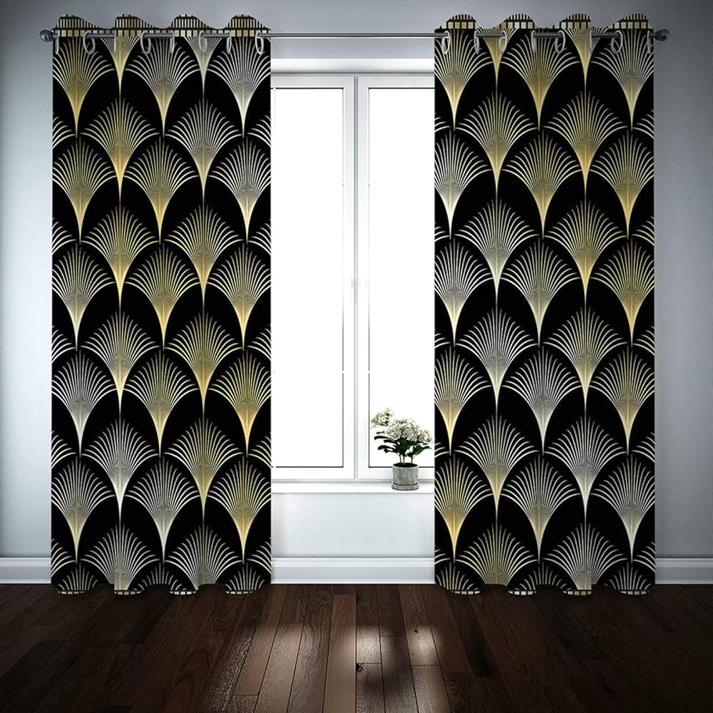 ANAZOZ Rideau Occultant Isolation Thermique 214x274CM, Noir Jaune Motif Art Deco, Lot de 2 Rideaux Fenêtre Draperies pour Salon Chambre : Cuisine et Maison