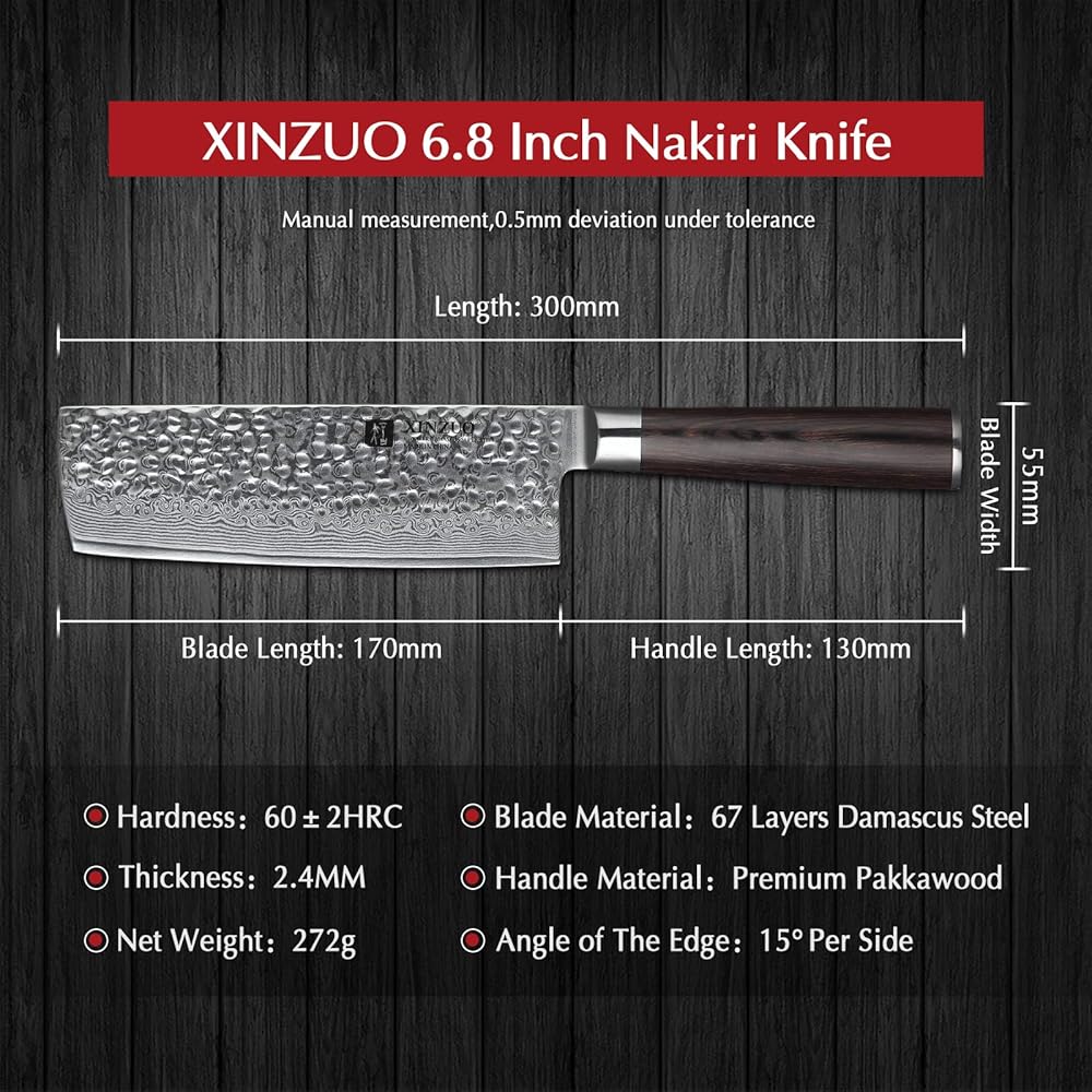 XINZUO 17cm Couteau Nakiri Acier Damas, Couteau à Légumes Chef en 10Cr15CoMoV Acier Damas, Professionnel Finition Martelée Lames Bien Tranchantes avec Poignée en Bois de Pakka -He Série : Cuisine et Maison