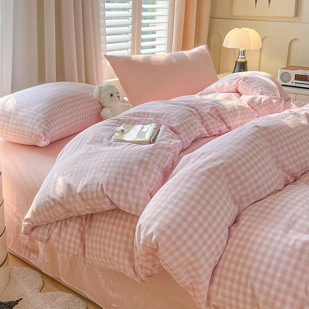 Nyescasa Housse de Couette 240x260 Rose et Blanc à Carreaux Vichy Moderne Parure de lit Adulte 2 Personnes en Microfibre Sets de Housses de Couettes avec Fermeture Éclair et 2 Taies d'oreiller 65x65cm : Cuisine et Maison