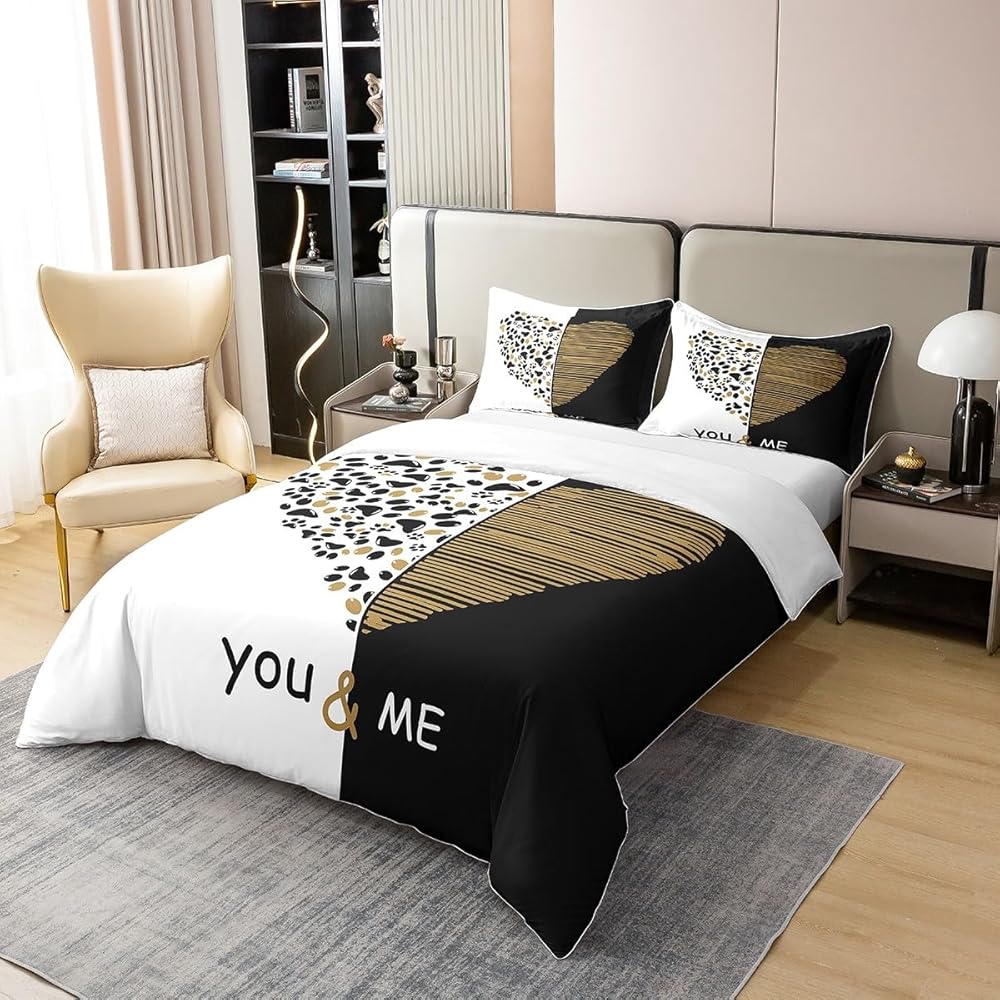 Homemissing Toi et Moi Parure de lit doré Noir Coeur Housse de Couette pour Amoureux Couple Hommes Femmes Romance Housse de Couette 220x240cm 100% Coton Saint Valentin Maison Literie Noir Blanc : Cuisine et Maison