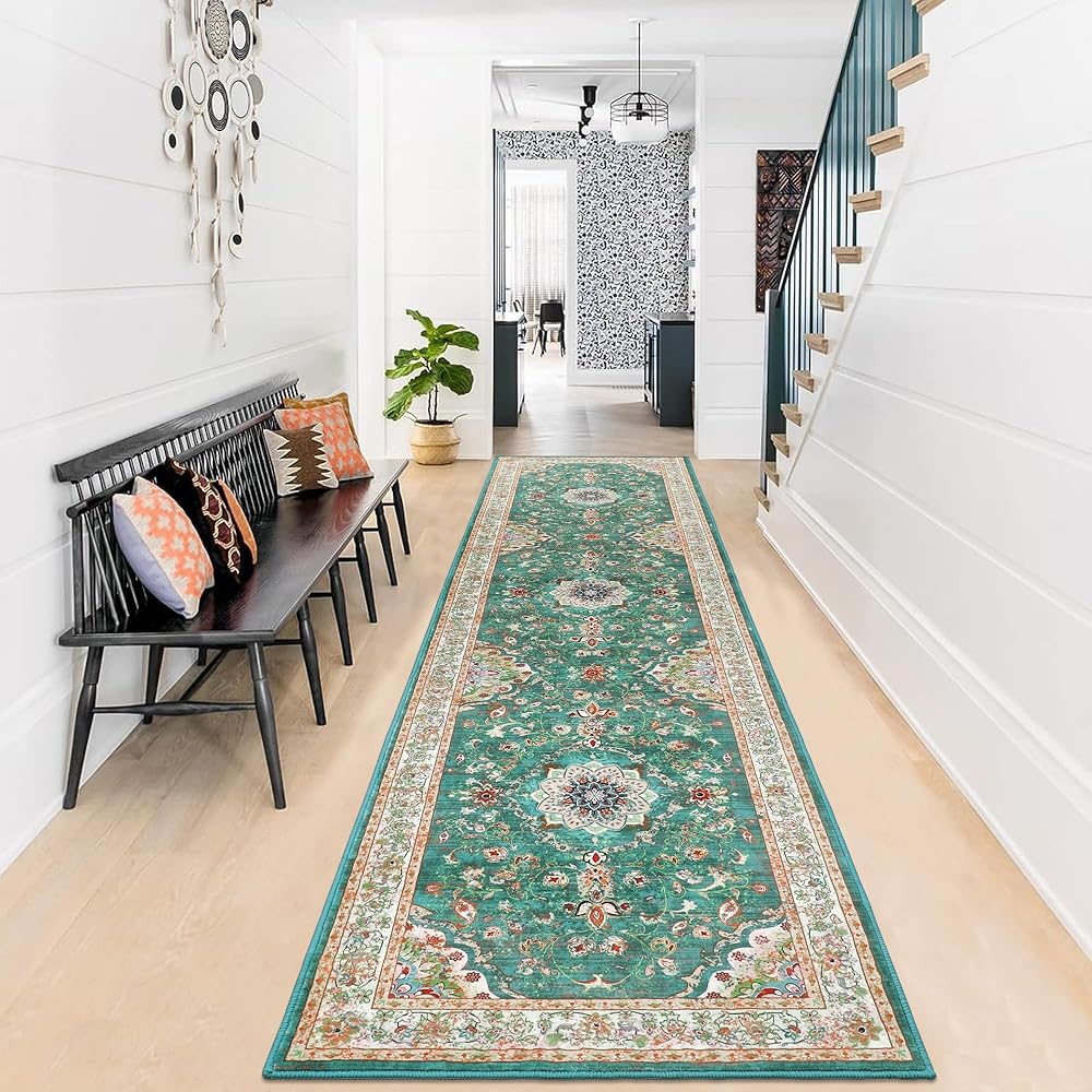 Enyhom Tapis de couloir extra long, vintage, antidérapant, lavable, pour couloir, entrée, buanderie, chambre à coucher, 80 x 300 cm, vert : Cuisine et Maison