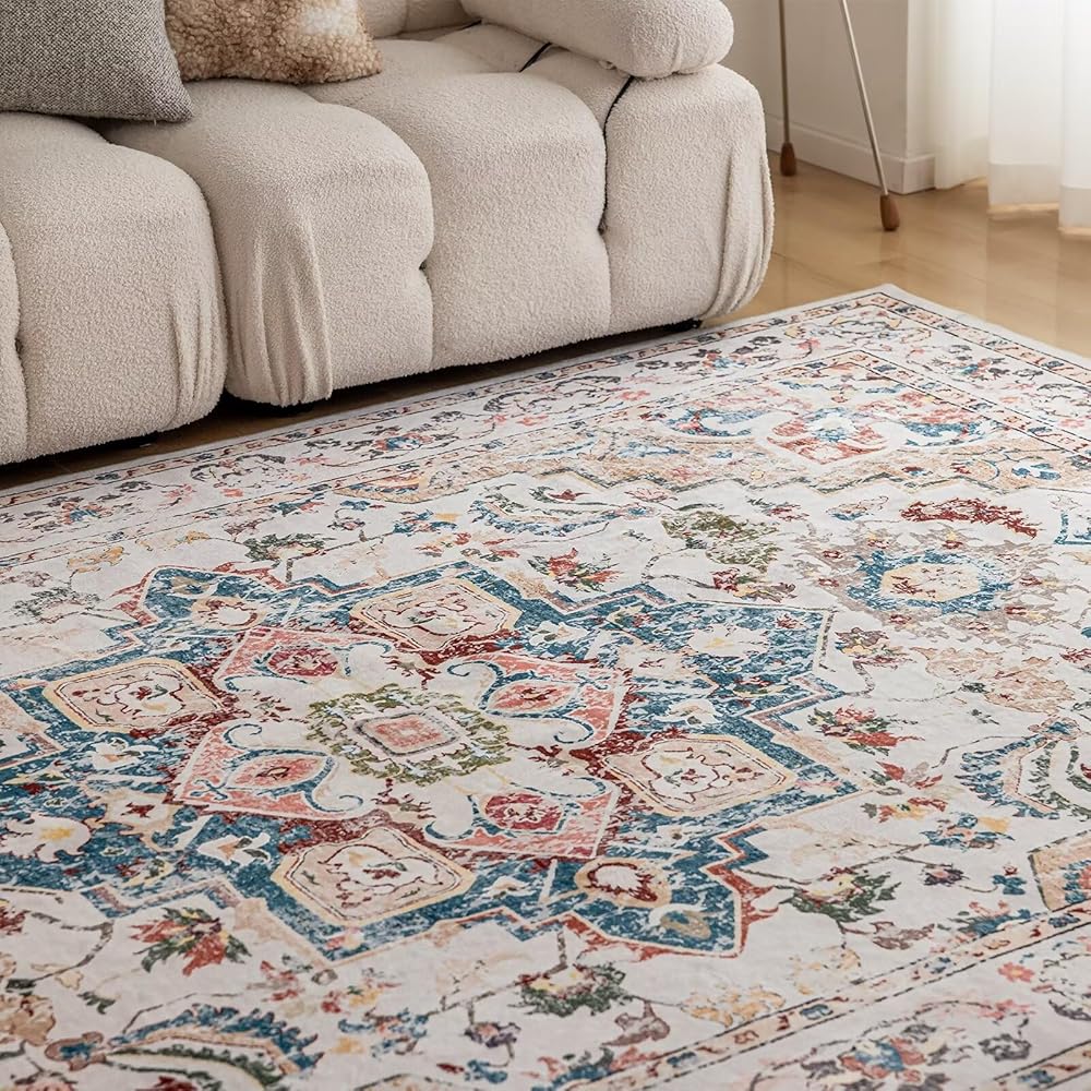 CHOSHOME Grand tapis vintage classique et antidérapant en fausse laine lavable en machine pour salon et chambre à coucher Beige 160 x 230 cm : Cuisine et Maison