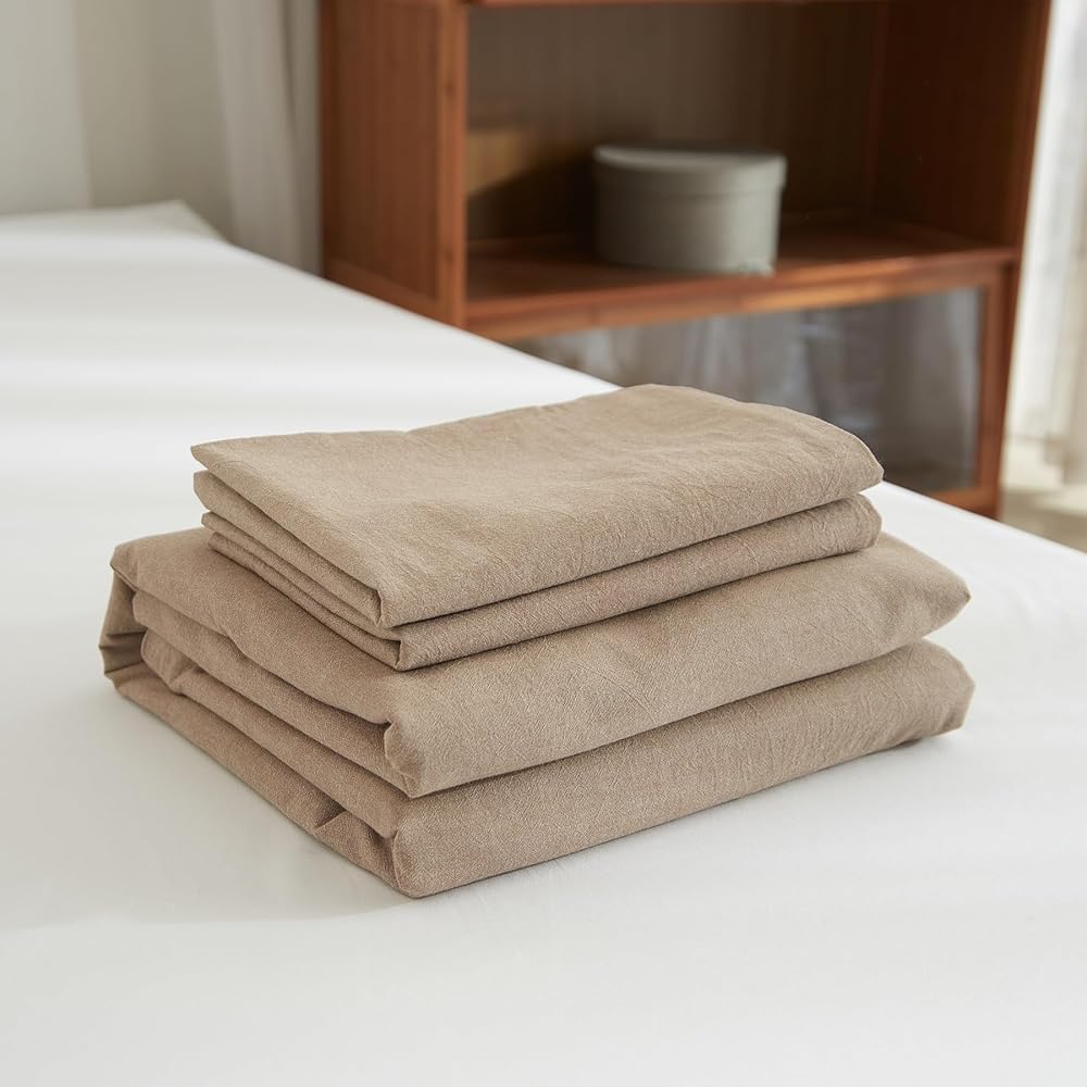 YASMENG Housse de Couette Demi-Lin 200x200 Brun Parure de Lit Mélangé Doux Respirant Douillet Coton Lin Linge de Lit 2 Personne avec Fermeture Éclair et Taies d'oreiller 65x65 cm : Cuisine et Maison