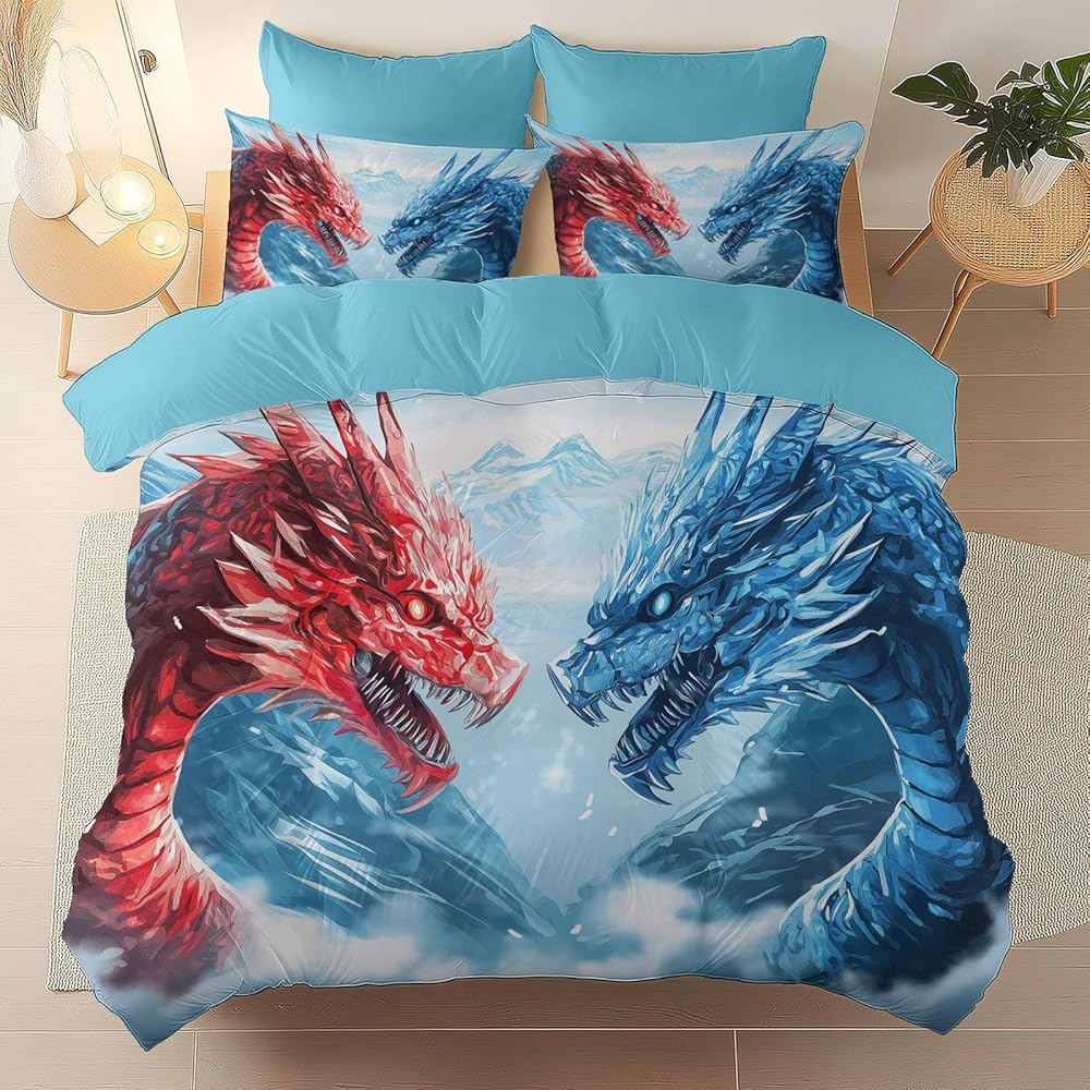 Housse de Couette Imprimé 260 x 240 cm Fantaisie Dragon Glace Et Neige Parure de lit Adulte avec Fermeture Éclair Sets de Housse Couette en Doux Microfibre avec 2 Taie d'oreiller 65x65cm, Bleu : Cuisine et Maison