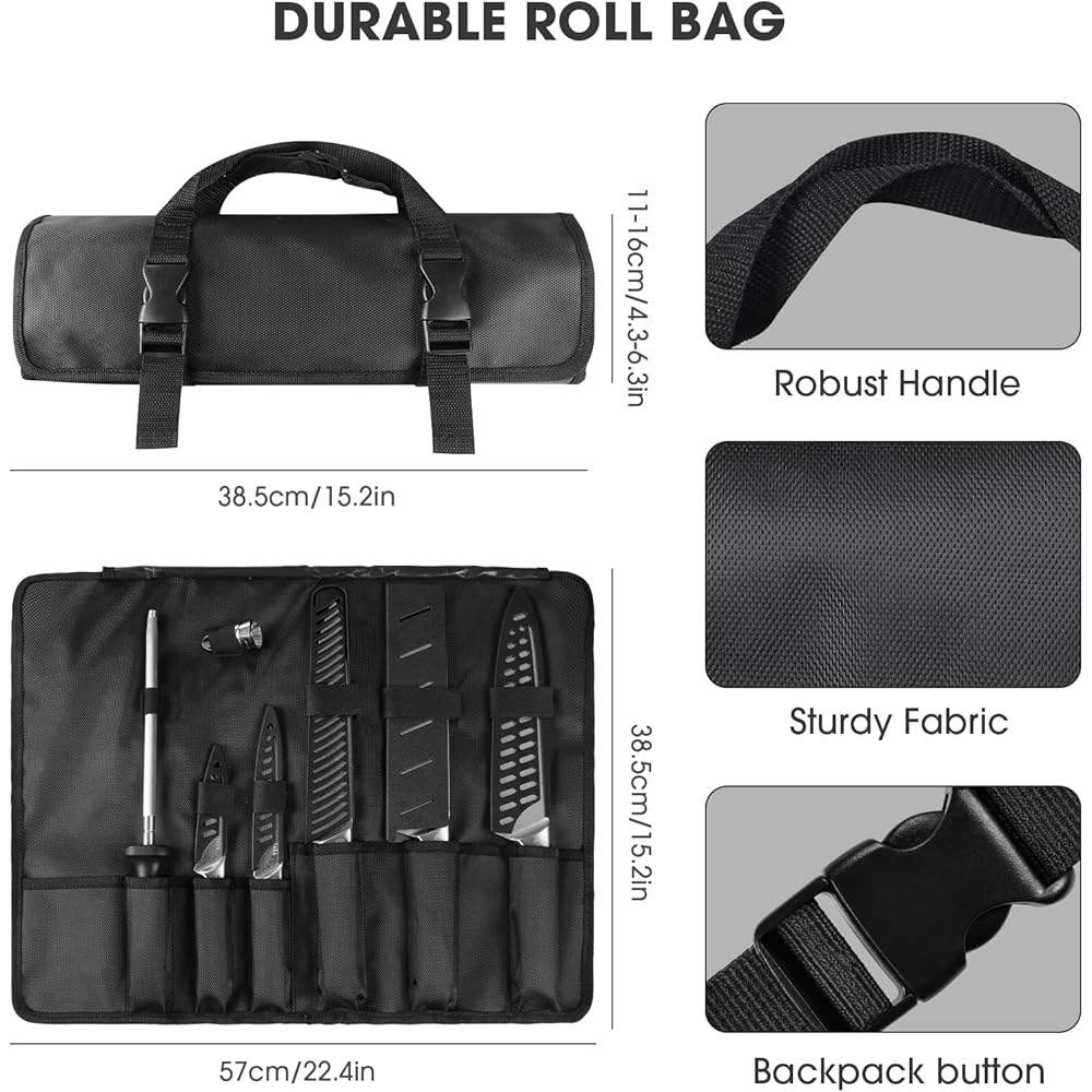 MOSFiATA Lot de 10 couteaux de cuisine en acier inoxydable avec étui - Pour l'extérieur - Couteau de chef tranchant - Protection des doigts - Douilles de sabre de couteau, baguette à aiguiser et sac : Cuisine et Maison