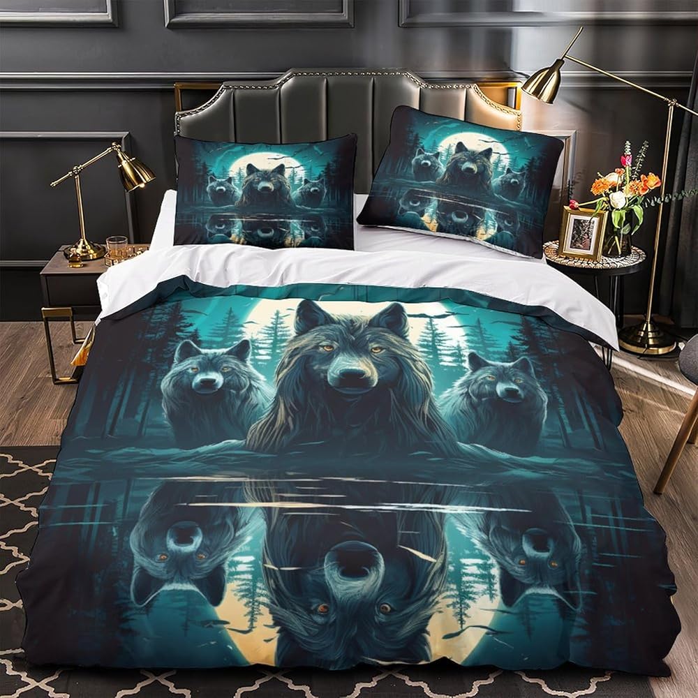 XAHEDOSGE Imprimé 3D Le Loup Ensemble De Literie avec Microfibre Super Douce Et Respirante Set De Housse De Couette 3 Pièces avec Taies d'oreiller Super King（260x220cm） : Cuisine et Maison