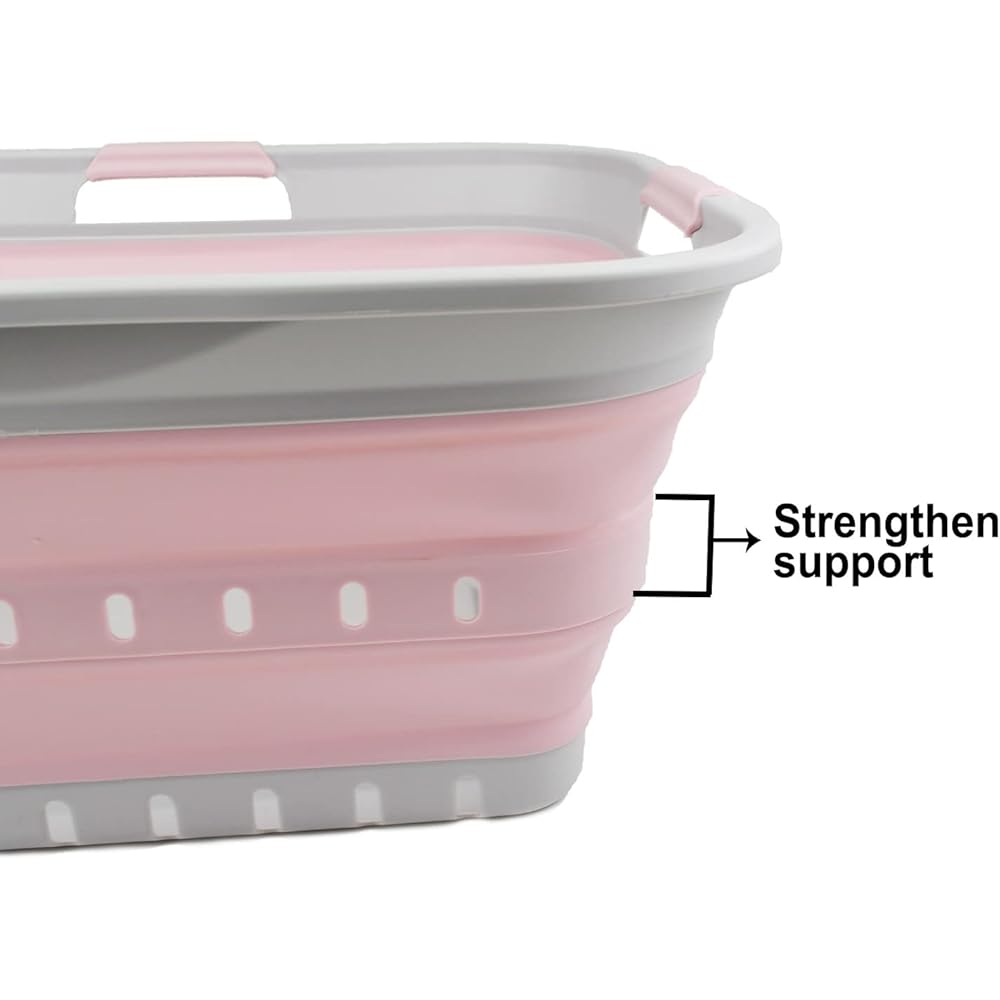 SAMMART Panier à Linge Pliable en Plastique 42L - Conteneur/Organisateur de Stockage Pliable Pop Up - Cuve de Lavage Portable - Panier/Panier Gain de Place (Gris/Rose Pâle) : Cuisine et Maison