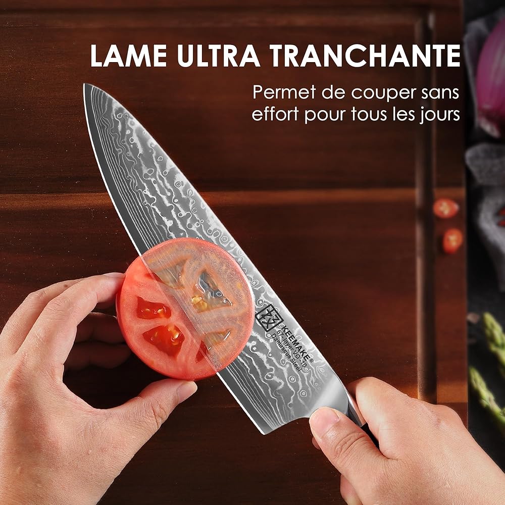 KEEMAKE Couteau Cuisine Professionnel Chef 20cm, Couteaux de Cuisine Damas Acier Japonais 67 Couches Poignée G10 pour Viande Légume : Cuisine et Maison