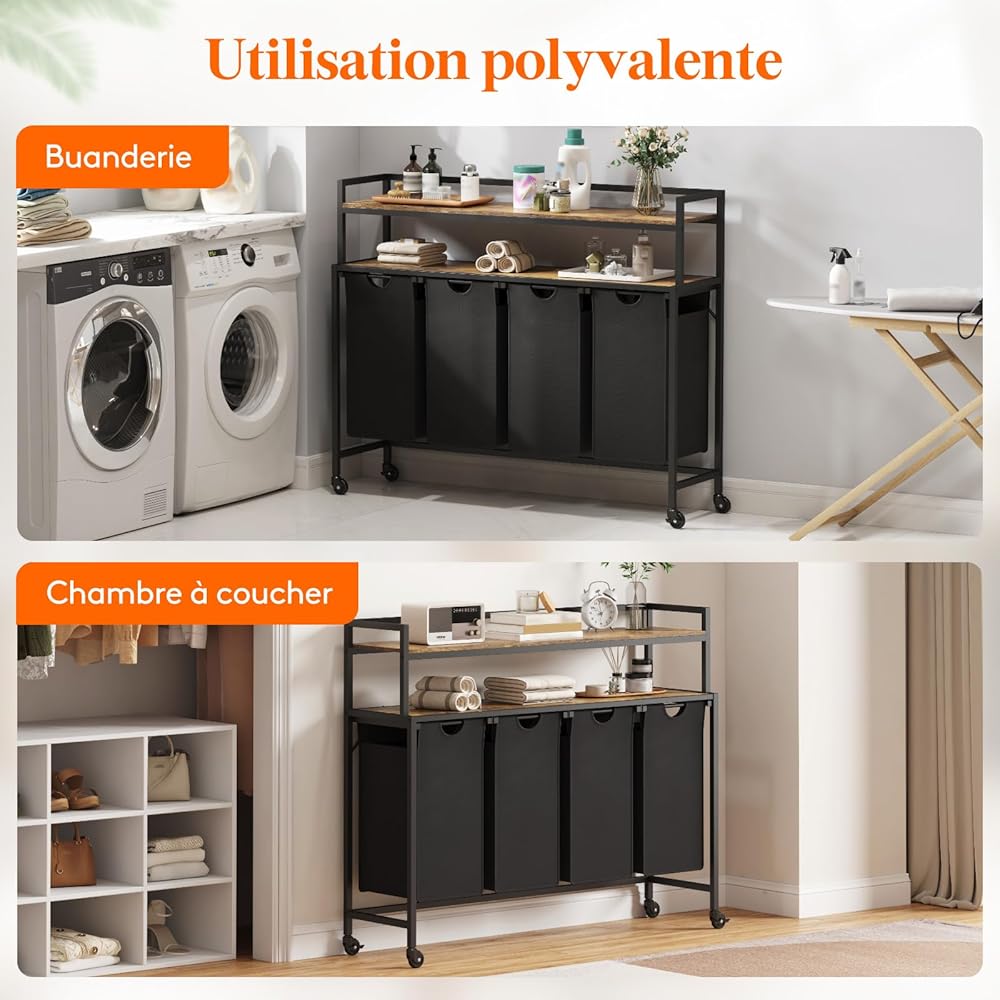 Lifewit Panier a Linge 4 Compartiments Roulettes 168L, Meuble Linge Sale avec Grande Étagère Supérieure et 4 Sac à Linge en Tissu Oxford, Bac à Linge pour Buanderie, Chambres, Salles de Bains, Noir : Cuisine et Maison