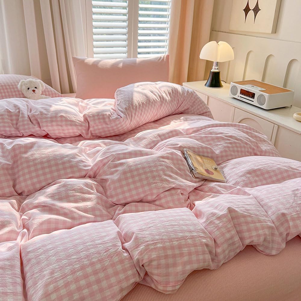 Nyescasa Housse de Couette 240x260 Rose et Blanc à Carreaux Vichy Moderne Parure de lit Adulte 2 Personnes en Microfibre Sets de Housses de Couettes avec Fermeture Éclair et 2 Taies d'oreiller 65x65cm : Cuisine et Maison