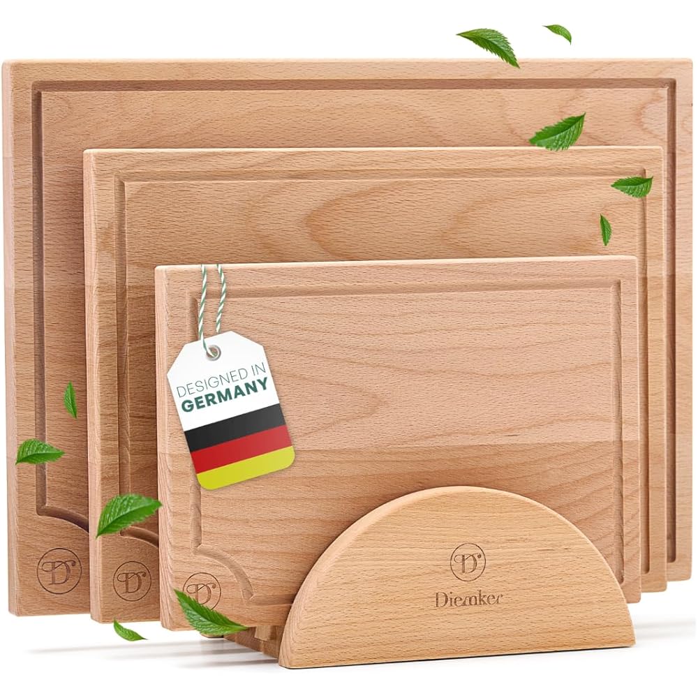DIEMKER Lot de 3 planches à découper de qualité supérieure en hêtre robuste - Avec rainure à jus et support de planche - Planches en bois de hêtre massif de 2 cm d'épaisseur - 40 x 30, 33 x 25, 27 x : Cuisine et Maison