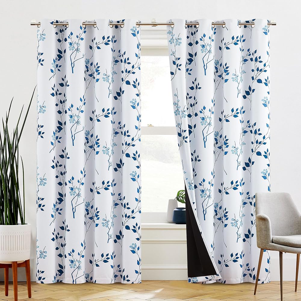 Beauoop Lot de 2 rideaux occultants à œillets avec motif floral bleu marine pour salon, chambre à coucher, 228,6 cm, isolation thermique et réduction du bruit : Cuisine et Maison