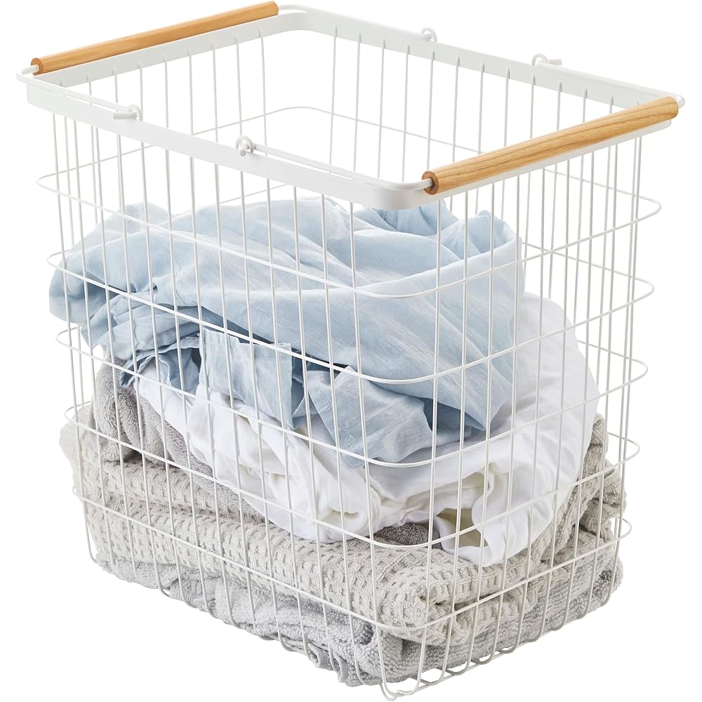 Yamazaki 2810 TOSCA Laundry Basket L, white, Steel/Wood, 41.5 x 31 x 38.5 cm : Cuisine et Maison