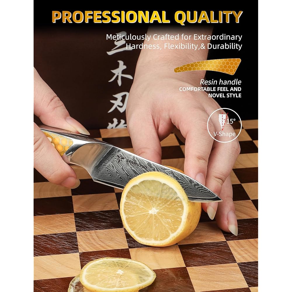 SANMUZUO Couteau d'office 9 CM, couteau de cuisine japonais en acier Damas VG-10, couteau à fruits ultra tranchant avec manche pleine soie en résine Jaune, série LA-S9 : Cuisine et Maison