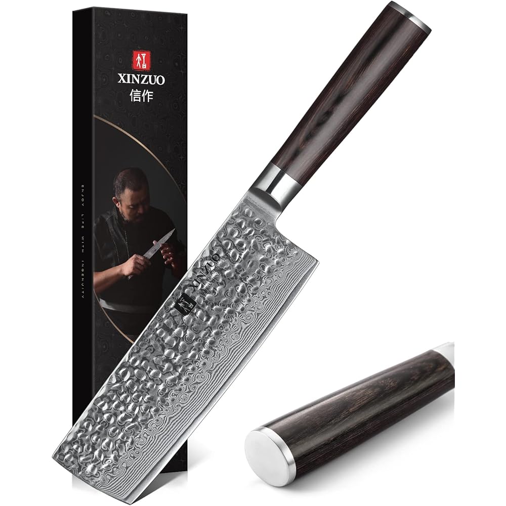 XINZUO 17cm Couteau Nakiri Acier Damas, Couteau à Légumes Chef en 10Cr15CoMoV Acier Damas, Professionnel Finition Martelée Lames Bien Tranchantes avec Poignée en Bois de Pakka -He Série : Cuisine et Maison