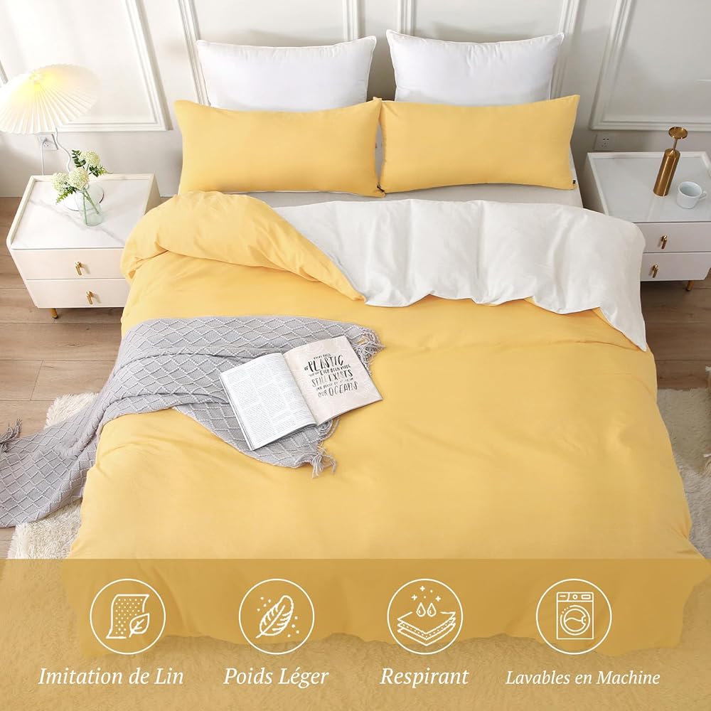 SOULFUL Housse de Couette 240x260 Coton, Jaune Ensembles de Housse de Couette avec Fermeture Éclair, 100% Coton Lavé, Texture Lin, Parure de Lit 240x260 Coton avec 2 Taie d'oreiller 65x65 cm : Cuisine et Maison