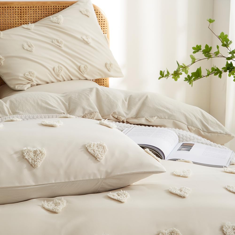 Freyamy Tuftée Parure de lit Bohème Housse de Couette 220x240 Broderie à la Main Parure de lit 2 Personne en Microfibre avec Fermeture Beige Ensemble de literie avec 2 Taie d'oreiller 65 x 65 Filles : Cuisine et Maison