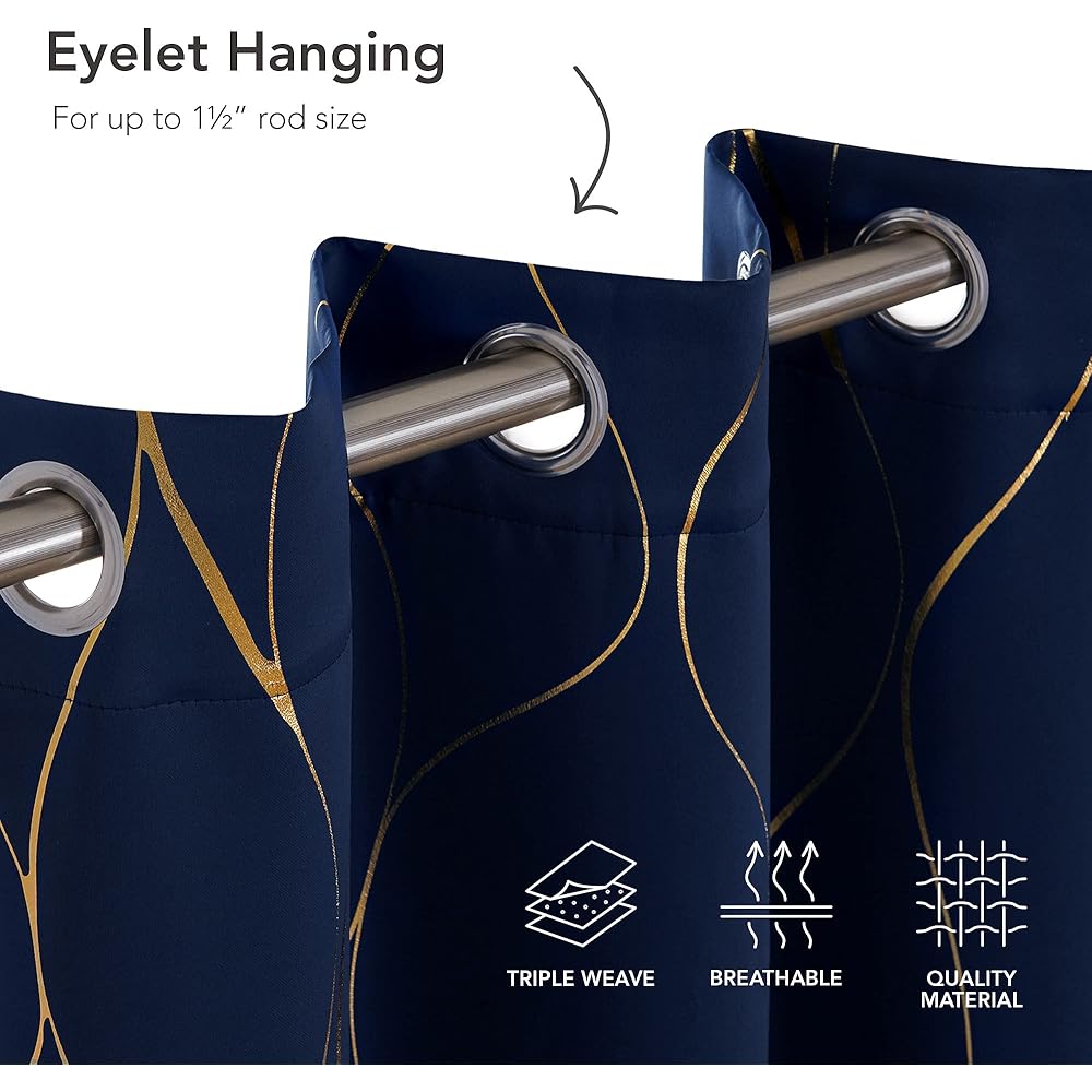 Deconovo Lot de 2 Rideau à Oeillets Chambre Fille Motifs Ligne Dorée Rideaux Thermique Anti Froids Occultant Isotants 132x160cm Bleu Marine : Cuisine et Maison