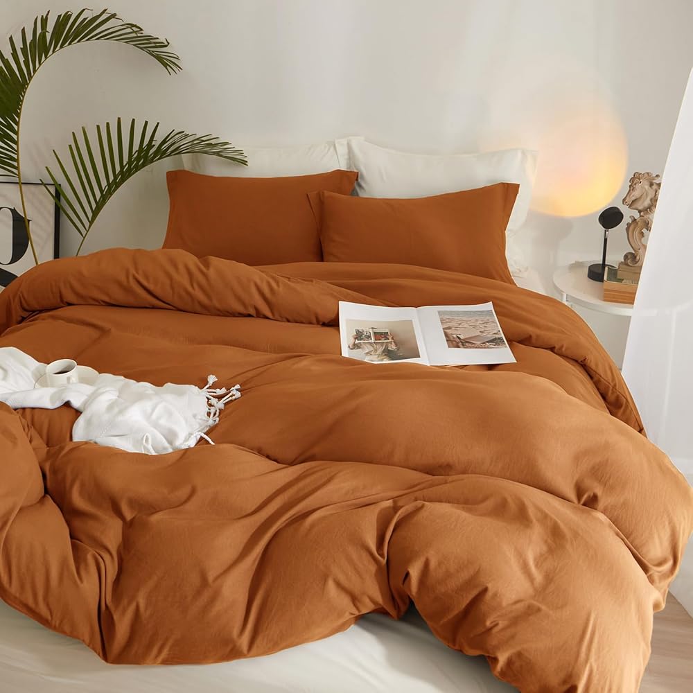 Parure de lit exclusive 3 pièces en terre cuite, orange brûlé doux et rouille – Grand lit (228,6 x 228,6 cm) avec fermeture éclair et 2 taies d'oreiller – Parure de lit en microfibre pour l'automne : Cuisine et Maison
