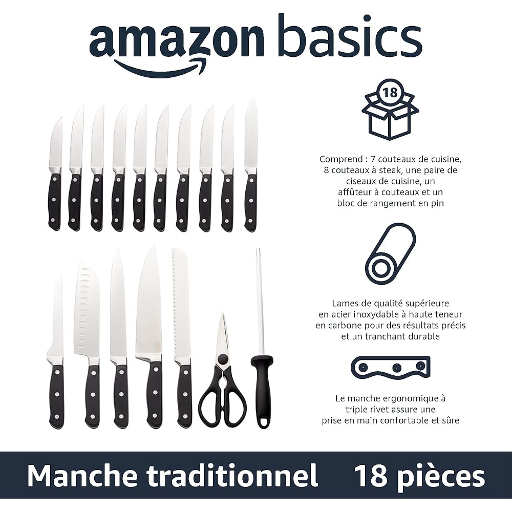 Amazon Basics Bloc de Couteaux 18 pièces Haut de Gamme, Métallique : Cuisine et Maison