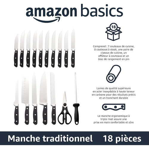 Amazon Basics Bloc de Couteaux 18 pièces Haut de Gamme, Métallique : Cuisine et Maison