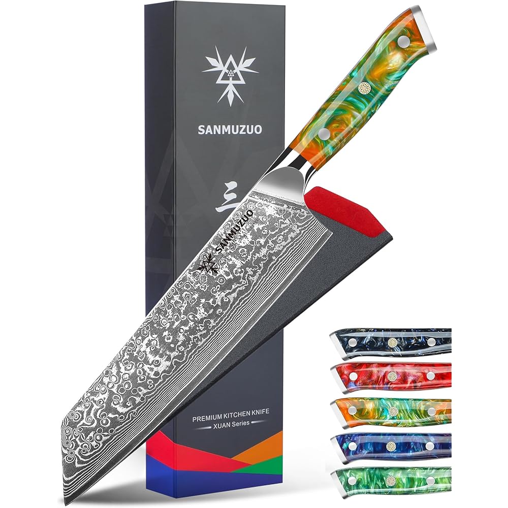 SANMUZUO Couteau Kiritsuke de 22cm - Couteau de Chef en Damas - Japonais en Acier de Damas 67 Couches Couteau de Cuisine - Manche en Résine (Orange Fantastique) - Xuan Série : Cuisine et Maison