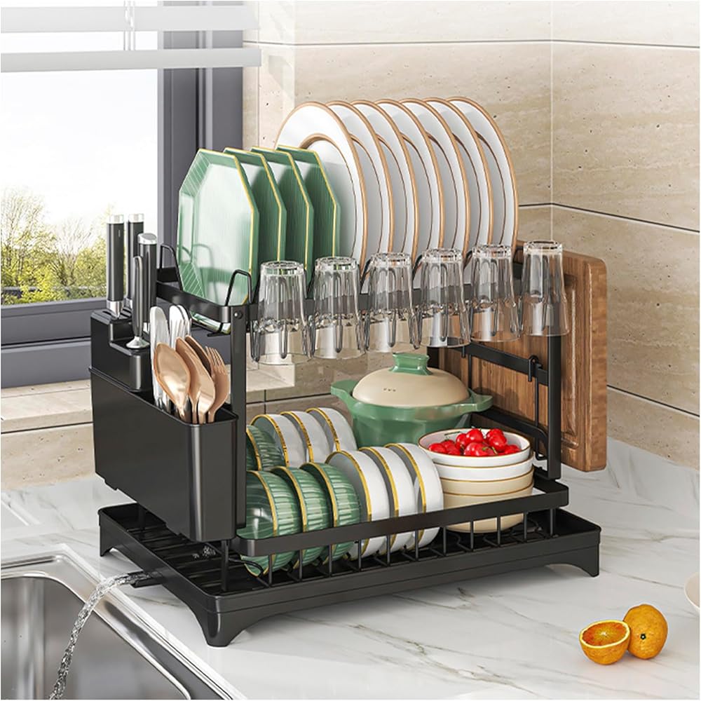 Égouttoir à vaisselle à 2 niveaux de grande capacité pour comptoir de cuisine antirouille amovible avec porte-ustensiles, porte-gobelet et drainage automatique : Cuisine et Maison