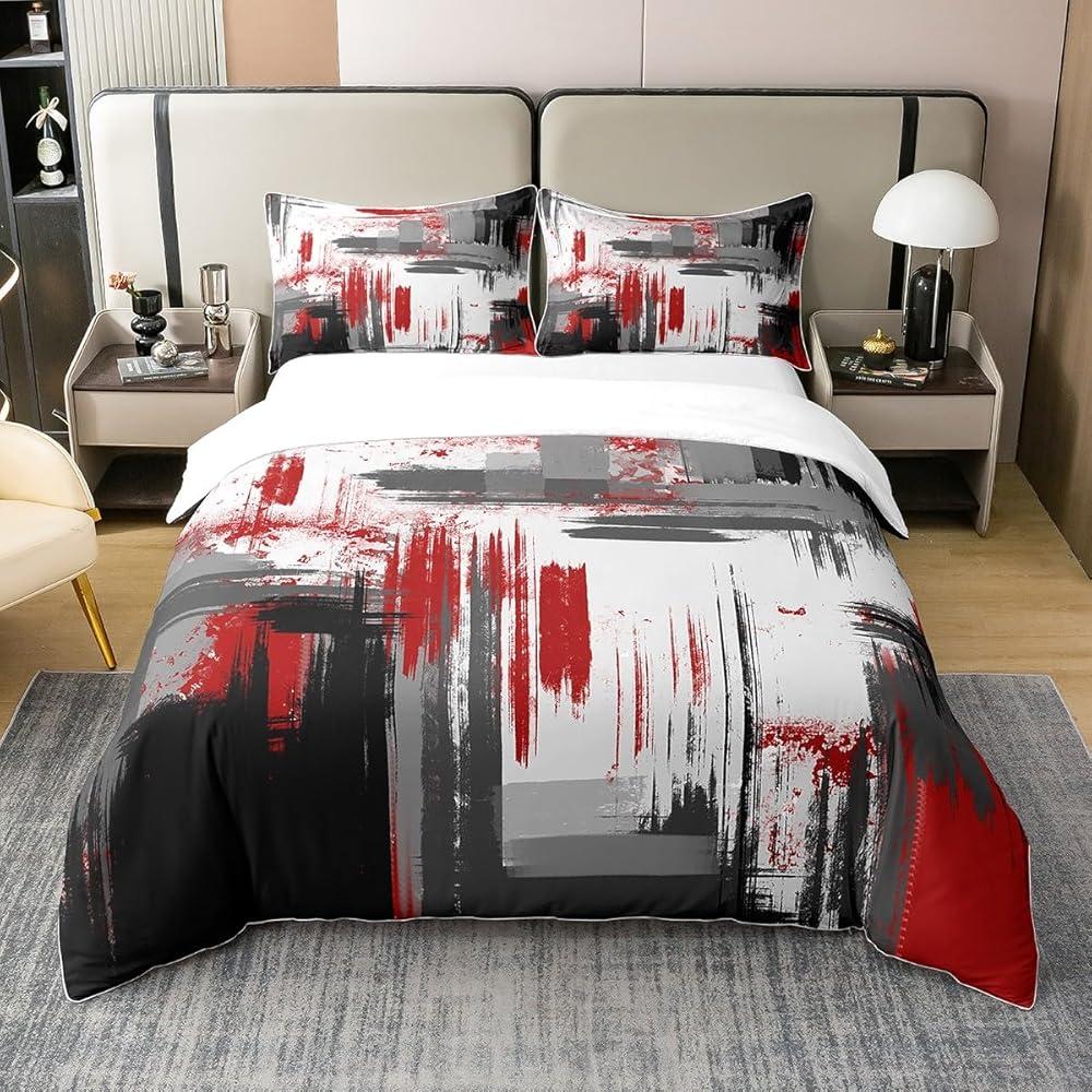 Homemissing Abstrait Literie Art Abstrait Moderne Parure de Lit Garçons Filles Enfants Rouge Gris Noir Motif Parure de Lit Housse de Couette 220x240cm Coton décoration de Chambre Literie 3 pièces : Cuisine et Maison