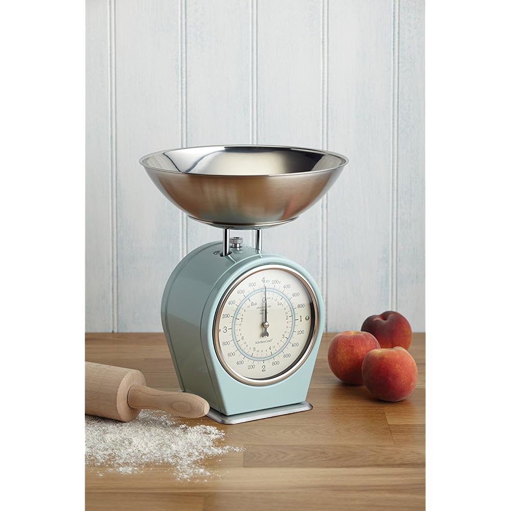 KitchenCraft Living Nostalgia Balance de cuisine mécanique avec bol dans une boîte cadeau, balance en fonte avec support en bois d'acacia, bleu vintage : Cuisine et Maison