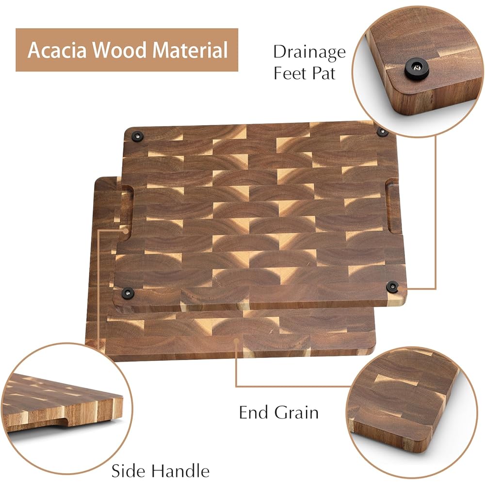 HEZHEN Planches à Découper Bois d'Acacia-Bois End Grain Planche à Trancher-Planche a Decouper Viande,Avec Poignée Latérales et Pieds Antidérapants : Cuisine et Maison