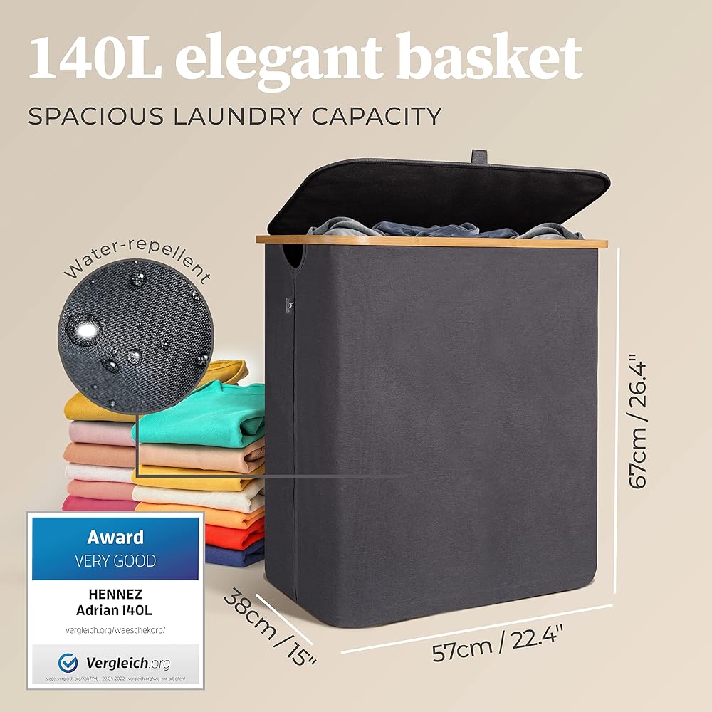 HENNEZ Panier à Linge Sale 140L - Panier a Linge 2 Compartiment - Bac a Linge Sale Pliable avec Couvercle, Poignée en Bambou - Corbeille a Linge pour Buanderie, Gris Fonce : Cuisine et Maison