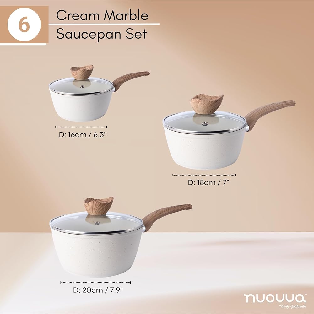 Nuovva Set de Casseroles Antiadhésives – Casserole à Induction avec Couvercle – Set de 3 Casseroles en Granit Crème – 16 cm, 18 cm, 20 cm – Par Nuovva. : Cuisine et Maison
